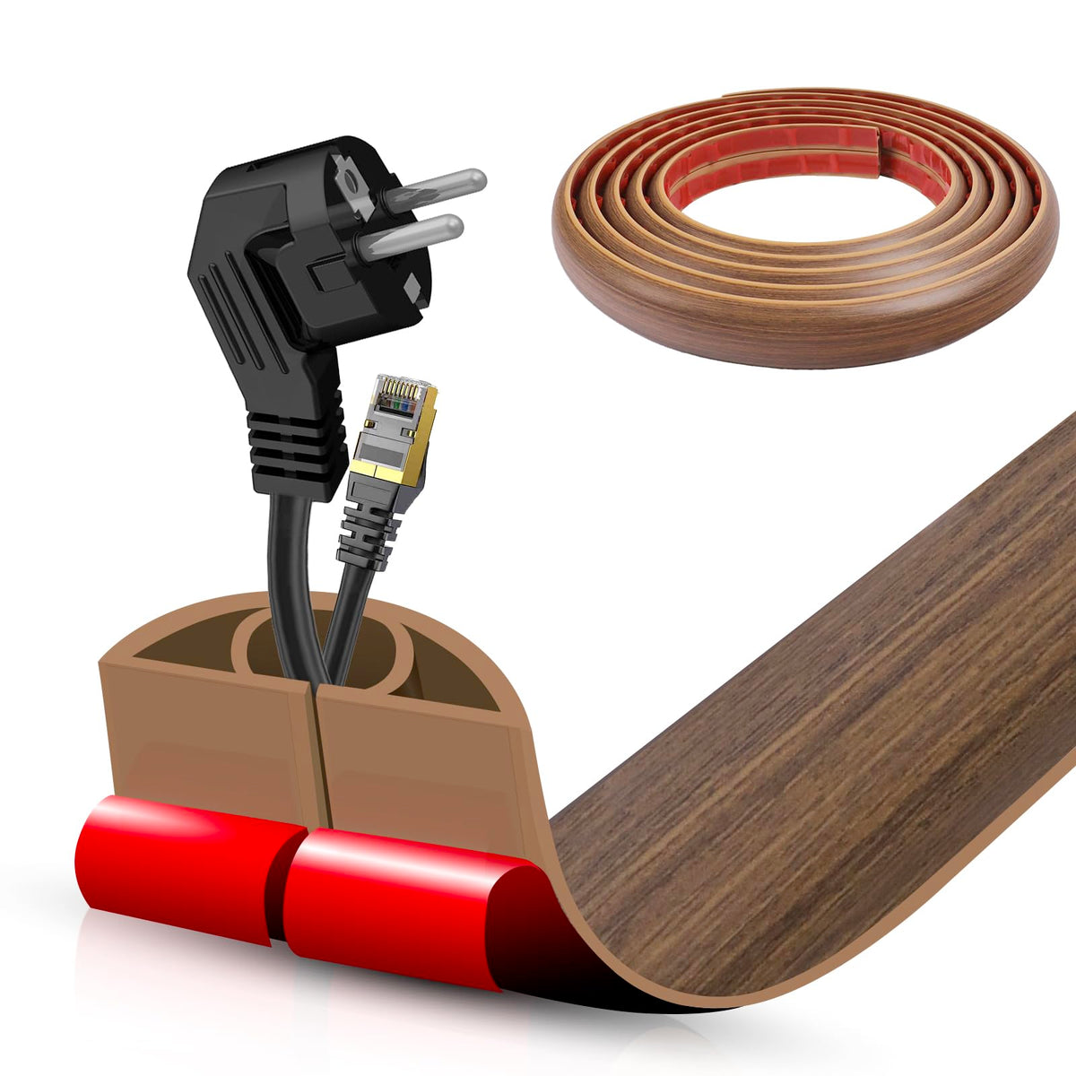 Floor Cord Cover Self Adhesive Cord Hider,3.3FT Cable Management, Extension Strip Protector for Wires, Prevent Cable Trips for Offices, Gyms, Exhibitions Cavity:0.3"(W) x 0.28"(H) Brown Wood