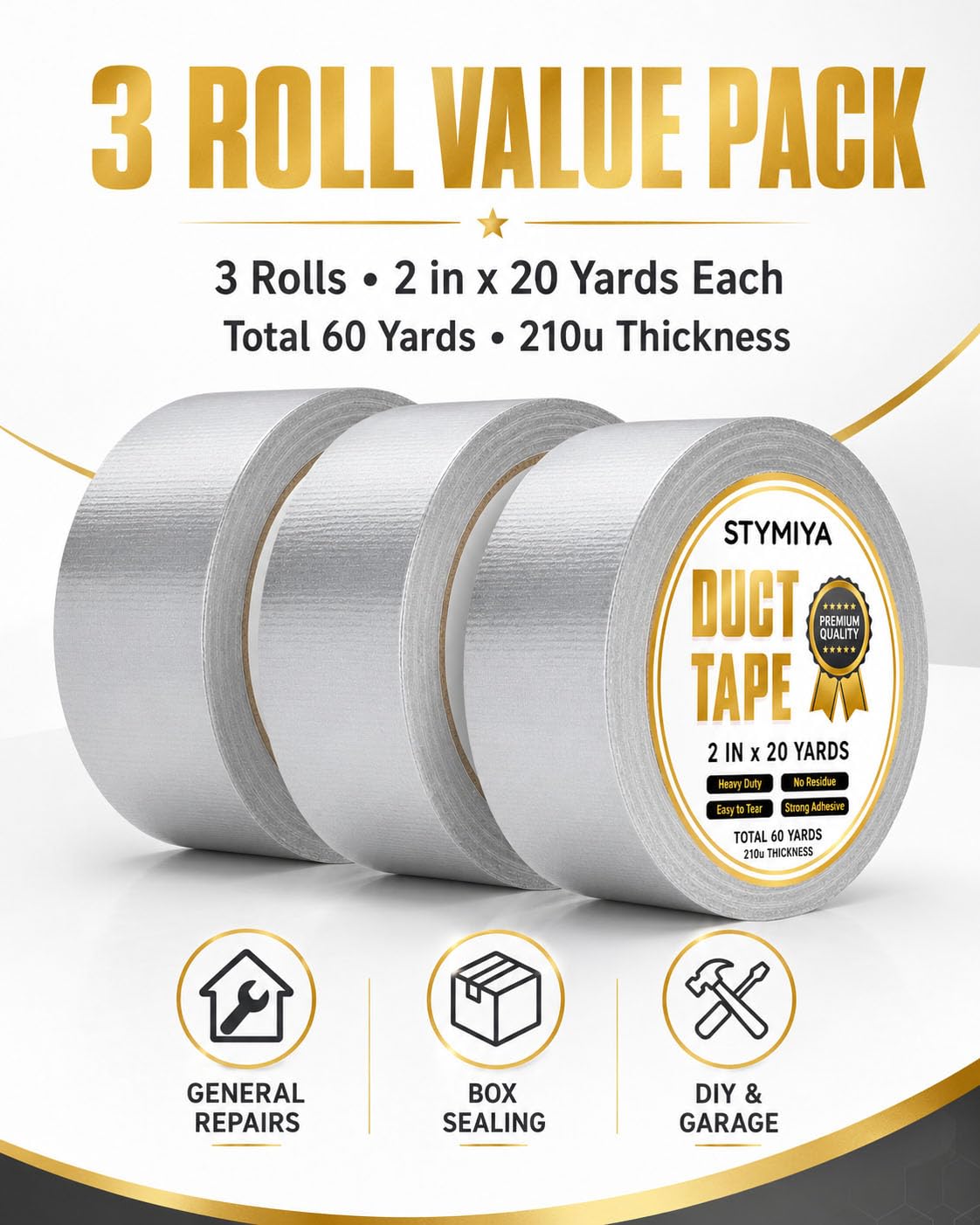 Black Duct Tape Heavy Duty: 3 Rolls 2inch x 20yd Wide Waterproof Outdoor - Strong Adhesive Weather Tapes Repair Bulk - Ductape for Patterns Masking Packing Furniture Kids Craft (3, Matte Black)