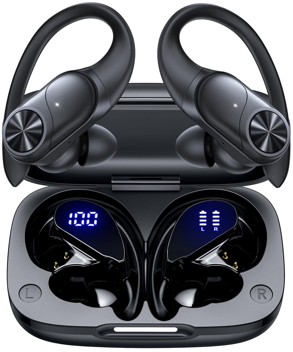 PocBuds Bluetooth Headphones Wireless Earbuds 80hrs Playtime Wireless Charging Case Digital Display Sports Ear Buds with Earhook Deep Bass IPX7 Waterproof Over-Ear Earphones for TV Phone Laptop Pink