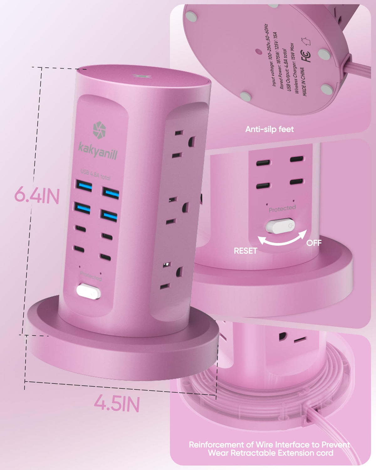 Power Strip Tower, kakyanill PD 65W Charging Station 9 AC Outlets 8 USB