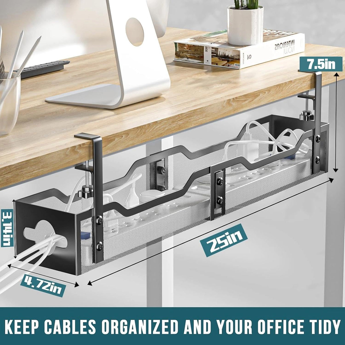Under Desk Cable Management Tray 2 Pack, No Drill Cable Organizer With Clamp for Standing Desk, Easy to Install Cord Management System, No Damage Wire Organizer