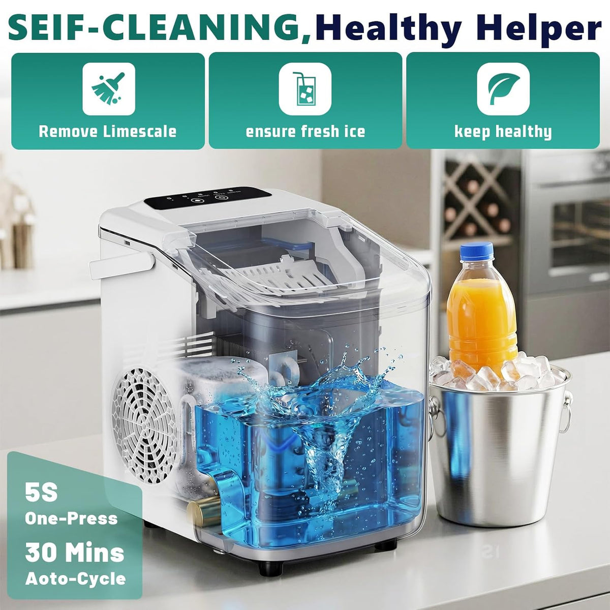 Sweetcrispy Countertop Ice Maker with Scoop, Basket and Handle, Portable Ice Machine 9 Cubes Ready in 6 Mins, 26.5lbs in 24Hrs, 2 Sizes for Home Kitchen Office Bar Party