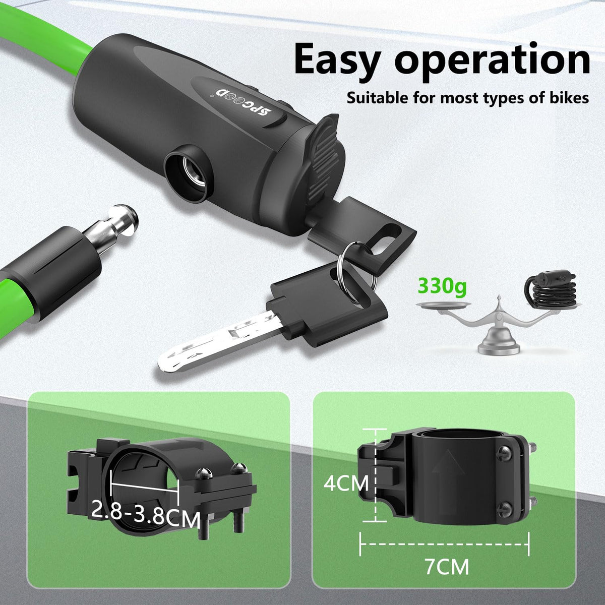 SPGOOD Bike Lock with 2 Keys, 12 mm Steel Cable Lock, 120 cm Length