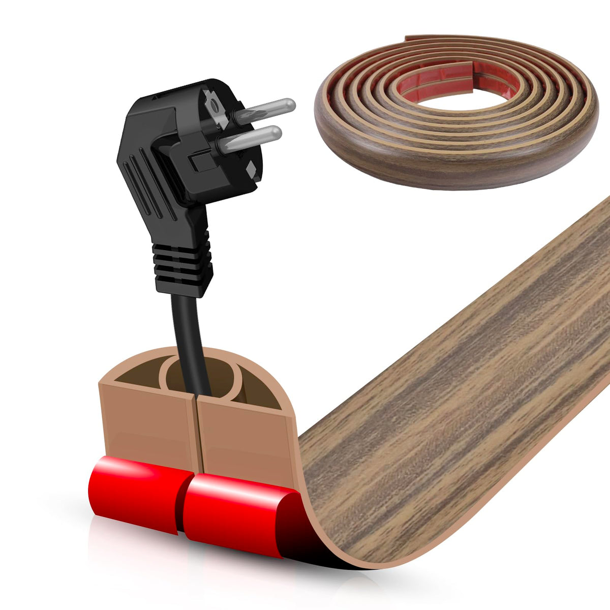 Floor Cord Cover Self Adhesive Cord Hider,3.3FT Cable Management, Extension Strip Protector for Wires, Prevent Cable Trips for Offices, Gyms, Exhibitions Cavity:0.3"(W) x 0.28"(H) Brown Wood