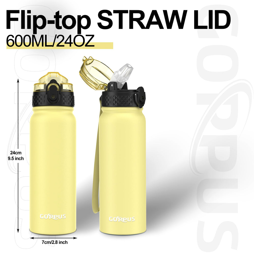 GOPPUS 600ml/20oz Stainless Water Bottle with Straw Double Wall Insulated Bottles with Strap One Hand Open Vacuum Thermal Flask with Flip Top Lid Leakproof Keep Cold Drinks BPA Free