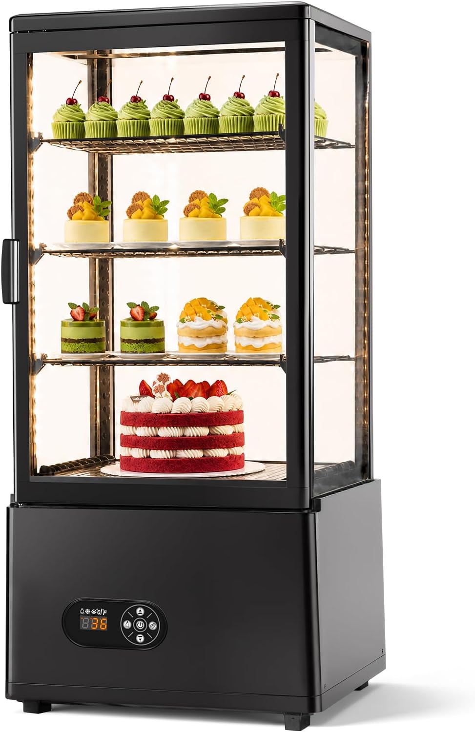 Commercial Cake Display Refrigerator, 78L Countertop Glass Cooler with LED Light, 32-53.6°F Digital Thermostat, Frost-Free Pastry Showcase for 11" Cake, Tempered Glass & Rear Door for Bakery/Cafe/Home