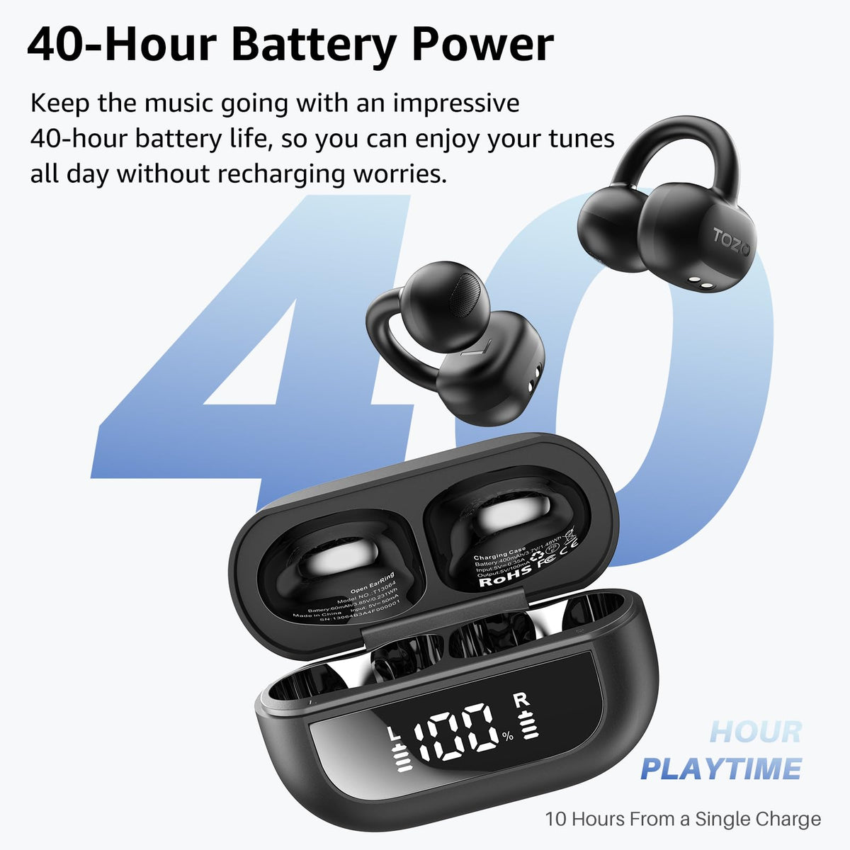 TOZO OpenEarRing Open Ear Earbuds 40H Bluetooth 5.4 Lightweight Comfort