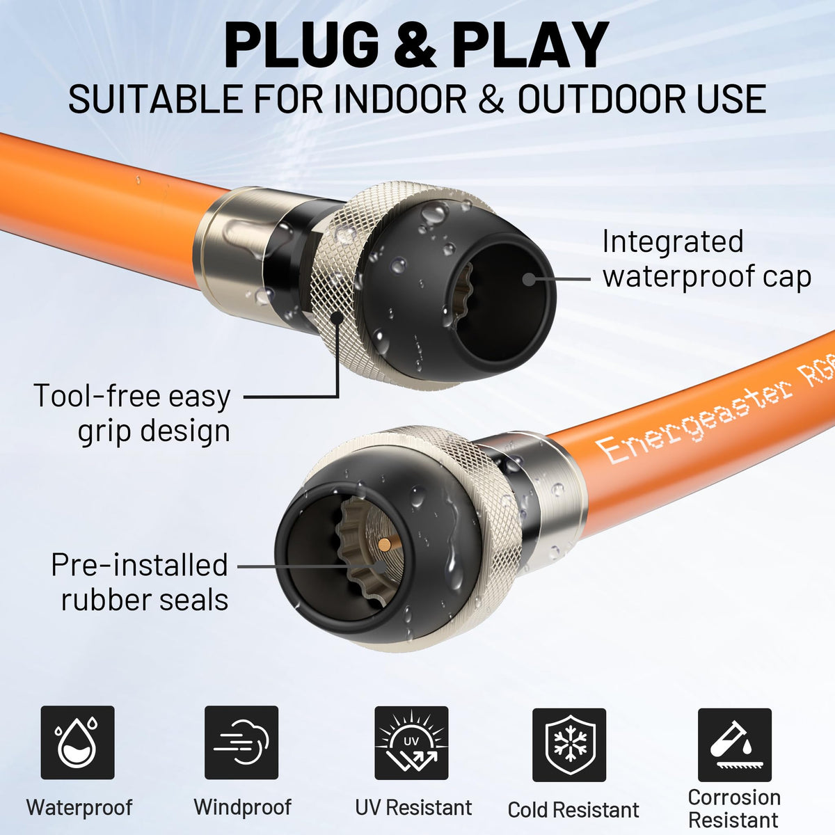 energeaster 10FT RG6 Coaxial Cable with Waterproof Rubber Boot, Black