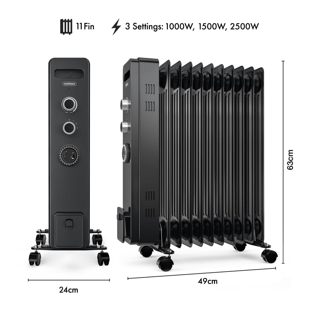 VonHaus Oil Filled Radiator 11 Fins – 2500W, 3 Heat Settings, 24 Hour Timer