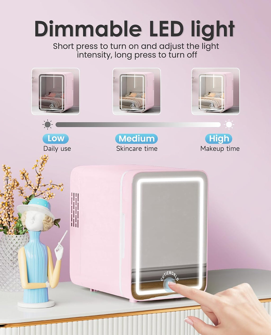 CUTIEWORLD Skincare Fridge - 4L Makeup Fridge for Refrigerating Makeup, Skincare and Food, Mini Fridge for Bedroom, Office and Car, Cooler and Warmer, Beverage Cooler, Leather Pink