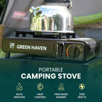 GREEN HAVEN Camping Stove Bundle – Portable Gas Stove, Camping Kettle & 4 Butane Gas Canisters | 2100W Gas Cooker with Carry Case | EN417 | Camping Gas Stove with Auto-Ignition, Adjustable Flame