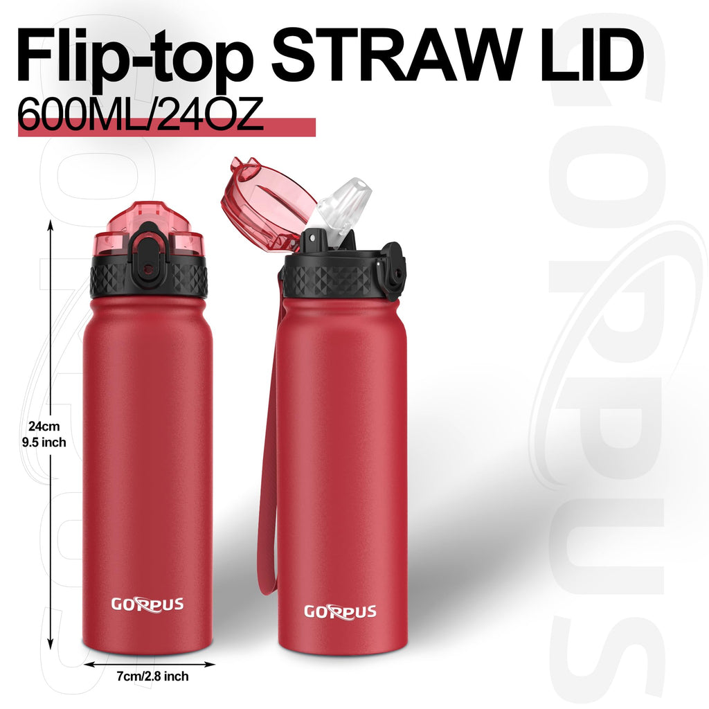 GOPPUS 600ml/20oz Stainless Water Bottle with Straw Double Wall Insulated Bottles with Strap One Hand Open Vacuum Thermal Flask with Flip Top Lid Leakproof Keep Cold Drinks BPA Free