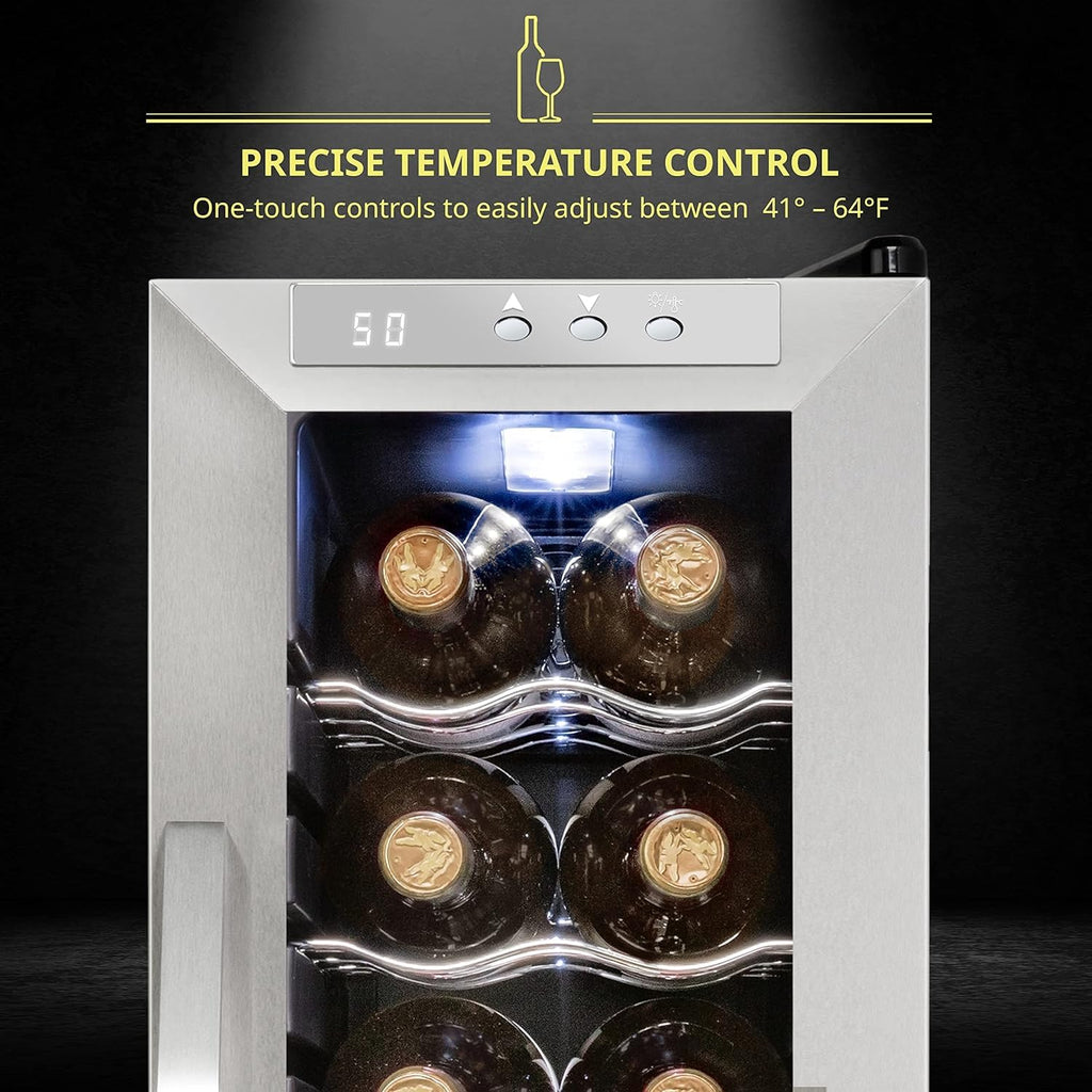 SCHMÉCKÉ 12 Bottle Compressor Wine Cooler Refrigerator w/Lock - Large Freestanding Wine Cellar For Red, White, Champagne or Sparkling Wine - 41f-64f Digital Temperature Control Fridge Stainless Steel