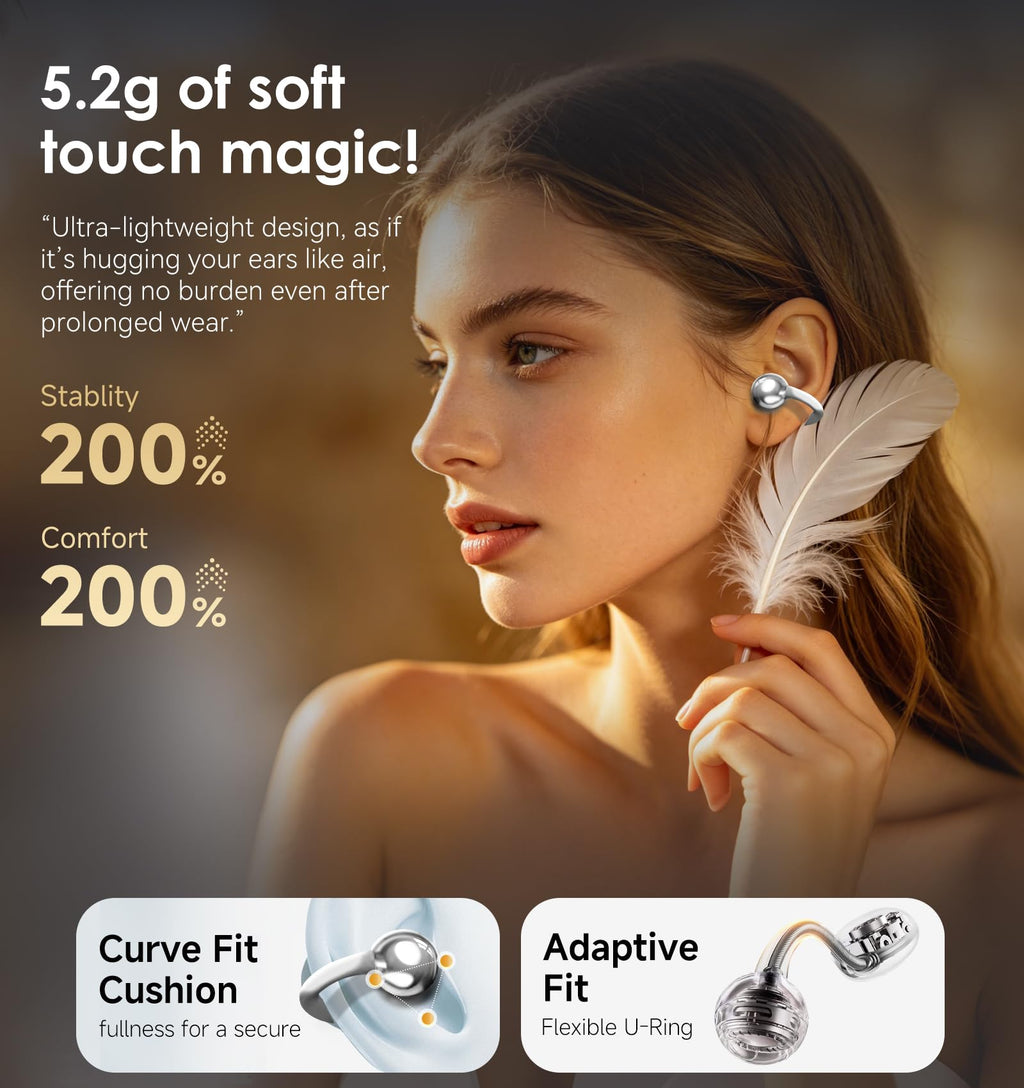 Kinglucky Clip-On Earbuds Gen 3, Open-Ear Wireless Bluetooth 6.0 Headphones with Mic, Secure Fit for Small Ears & Glasses Wearers, 50H Playtime, LED Digital Display, ENC, IPX5 Waterproof(Balck)