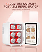 CUTIEWORLD Skincare Fridge - 4L Makeup Fridge for Refrigerating Makeup, Skincare and Food, Mini Fridge for Bedroom, Office and Car, Cooler and Warmer, Beverage Cooler, Leather Pink