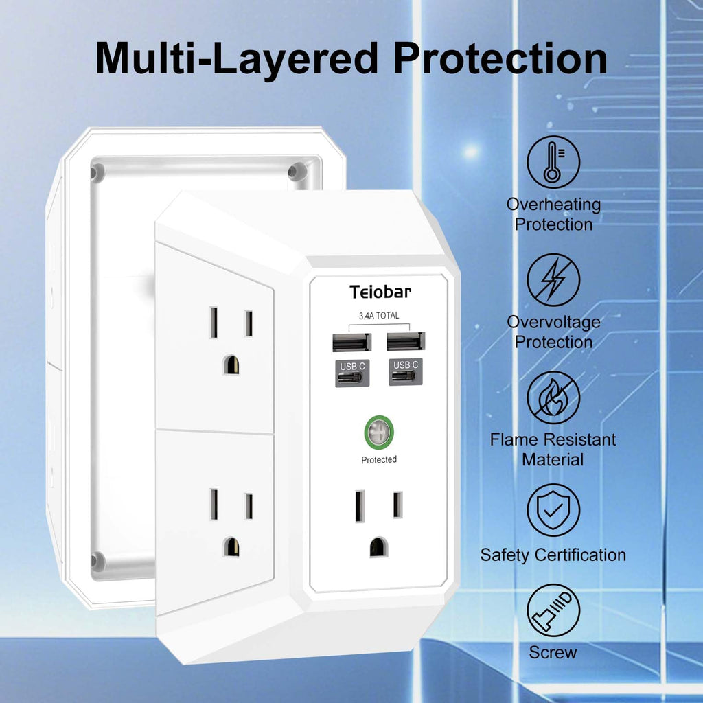 Multi Plug Wall Outlet Surge Protector with 6-Outlet & 4 USB Ports(2USB-C)