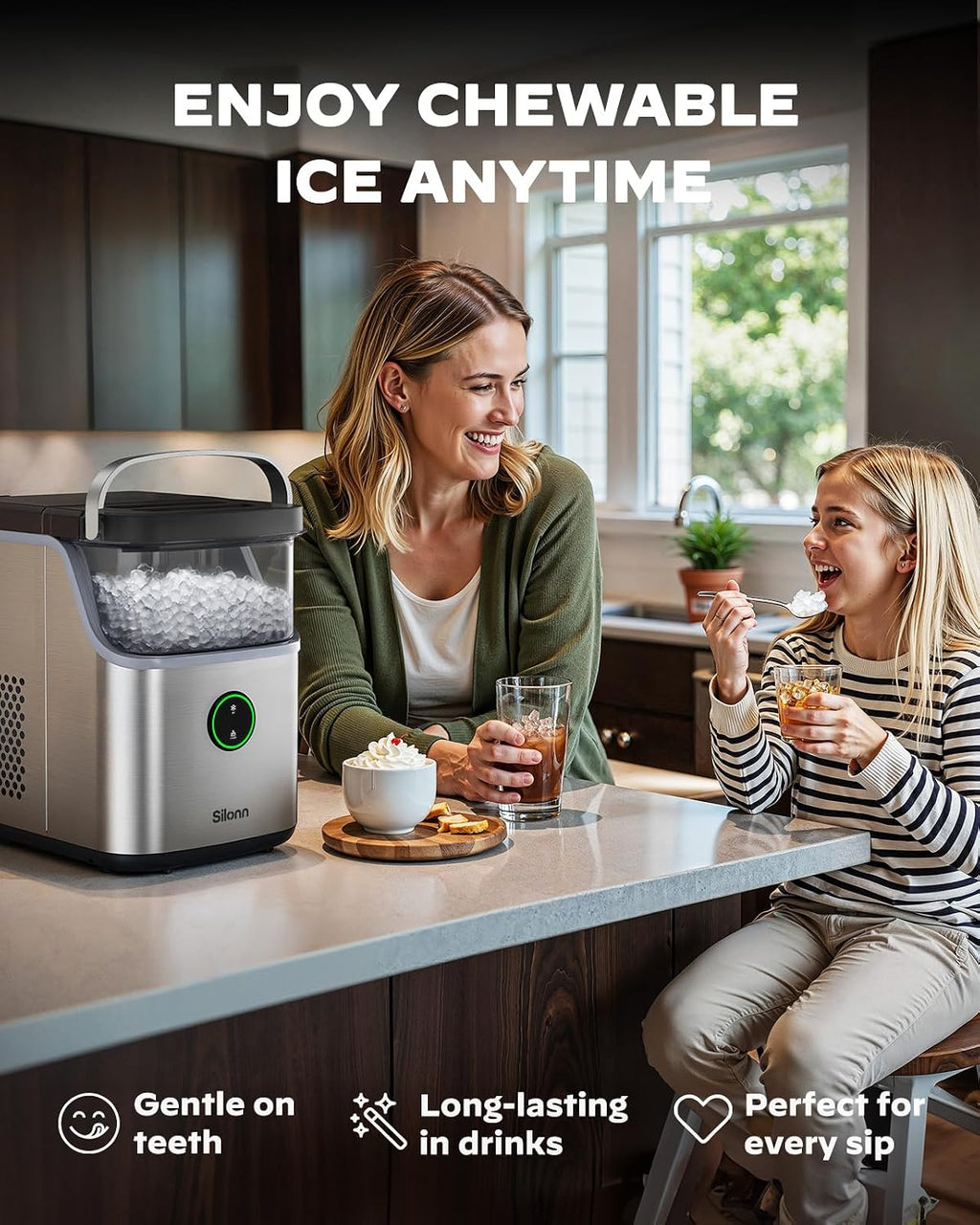 Silonn Ice Maker Countertop, 9 Cubes Ready in 6 Mins, 26lbs in 24Hrs, Self-Cleaning Ice Machine with Ice Scoop and Basket, 2 Sizes of Bullet Ice for Home Kitchen Office Bar Party