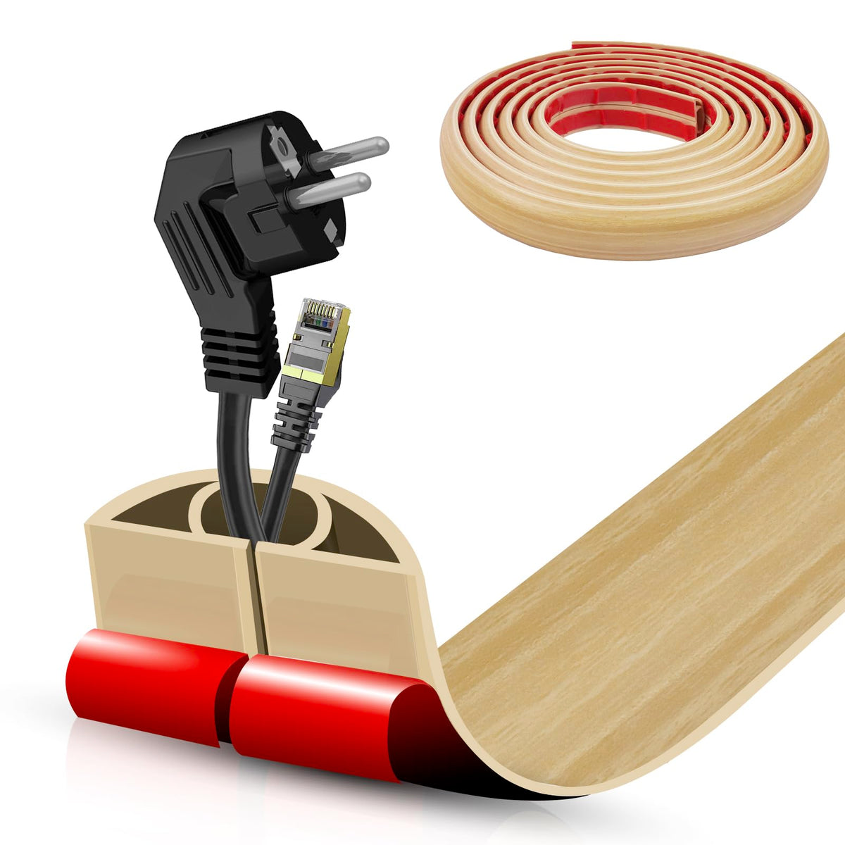 Floor Cord Cover Self Adhesive Cord Hider,3.3FT Cable Management, Extension Strip Protector for Wires, Prevent Cable Trips for Offices, Gyms, Exhibitions Cavity:0.3"(W) x 0.28"(H) Brown Wood