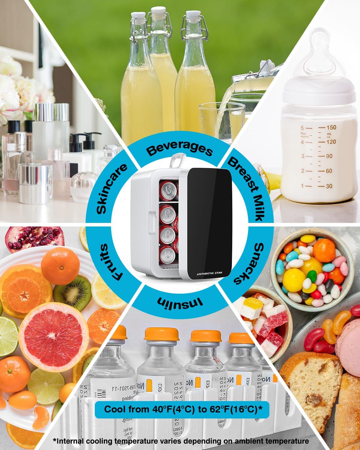 Antarctic Star Compact Mini Fridge, 10L Portable Small Refrigerator, 2.6 Gal Desktop Fridge with AC/DC Adapters, Small Cosmetics Cooler for Beverage, Food, Makeup, Bedroom, Office, Dorm, Black