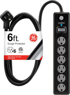 GE Surge Protector Power Strip, 6 Ft Extension Cord, 6 Outlet Extender