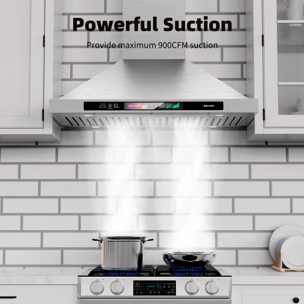 Range Hood 30 Inch, 900 CFM Wall Mount Range Hood with Voice, Gesture & Touch Control, Stainless Steel Kitchen Vent Hood with 4-Speed Fan, Adjustable LED Lights, Ducted/Ductless Convertible
