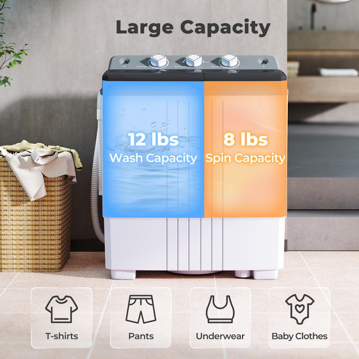 Giantex Portable Washing Machine, 20lbs Capacity, 12lbs Washer and 8lbs Spinner, Compact for Apartment RV, Gray & White, GX20313-PE