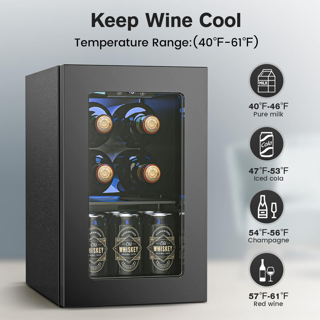 Electactic 48 Can Beverage Refrigerator,12 Bottle Wine Cooler with Seamless Stainless Steel & Glass Door, Digital Temperature Display, Countertop Mini Fridge for Soda, Wine or Beer, Silver