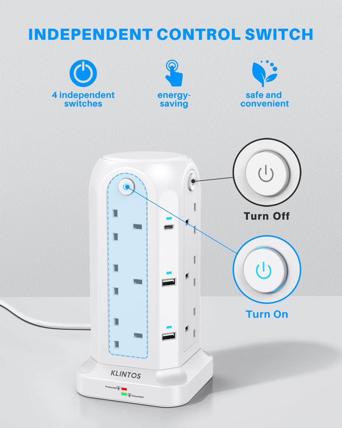 Tower Extension Lead 2M, 12 Way, 6 USB, 4 Independent Switches