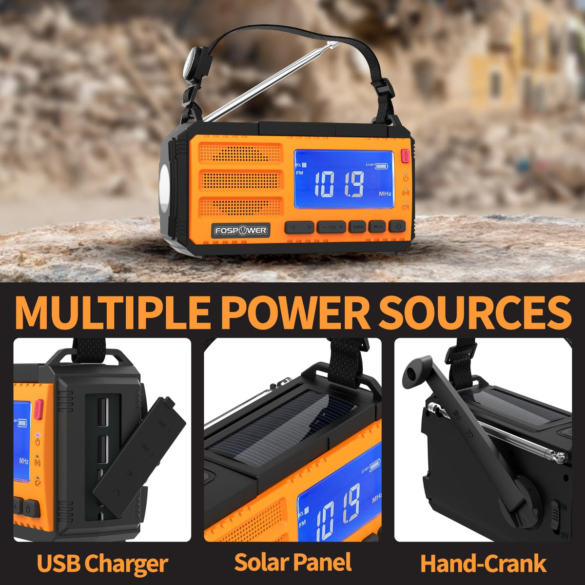 FosPower NOAA Emergency Weather Radio A1 7400mWh Solar Hand Crank (Orange)