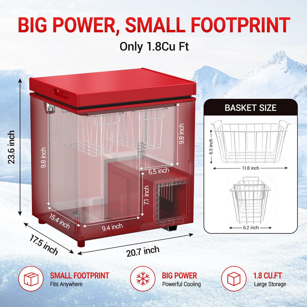 Chest Freezer Low temperature quick freeze 14℉ to -40℉ Compact Freezer - 2 Removable Baskets Match Day Parties, Home Bar Game Day &Beaded Ice Cream & Frozen Storage (Red, 1.8 Cubic Feet)