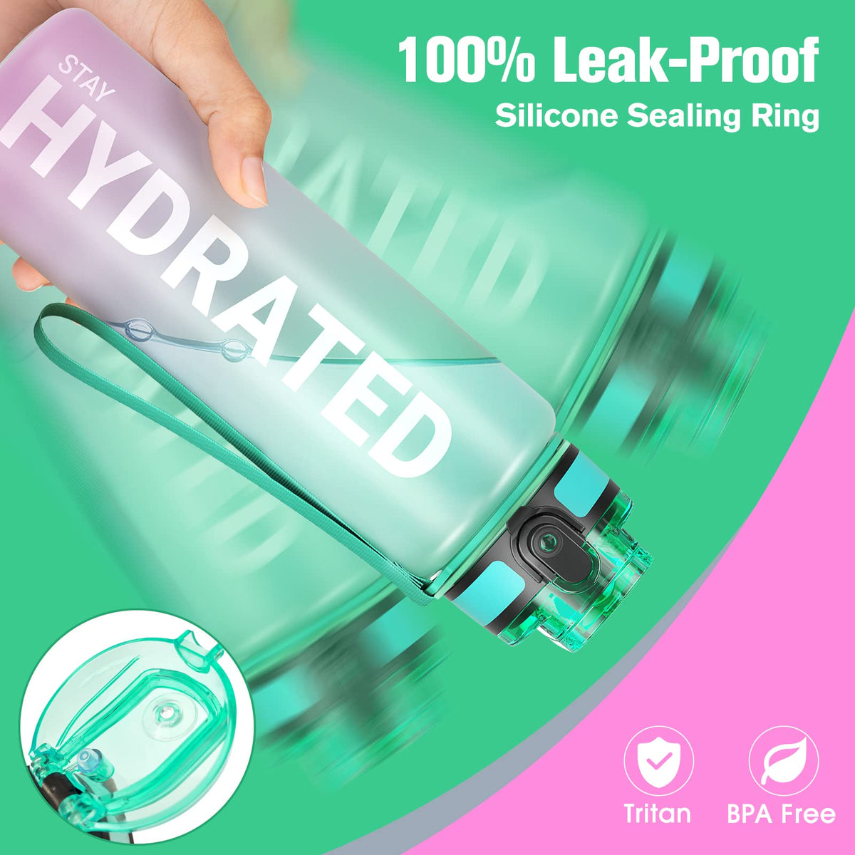 Sahara Sailor Water Bottle 1L, Leakproof Tritan Bottle with Time Marker