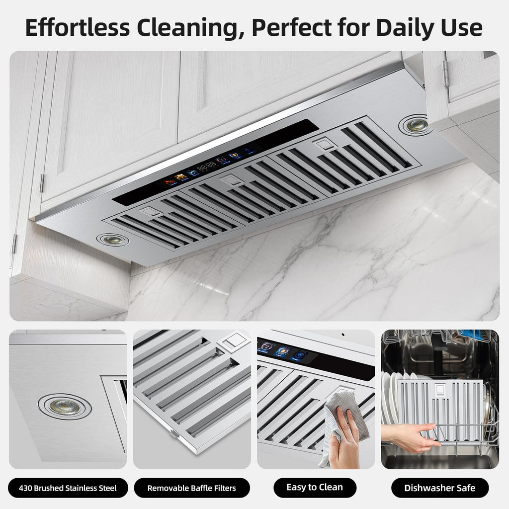 Range Hood Insert 30 inch,Stainless Steel Kitchen Vent Hood 600CFM,Built-in Kitchen Stove Hood w/Front Button Controls and Front LED Lights,Baffle Filters,Ducted/ductless Convertible Duct
