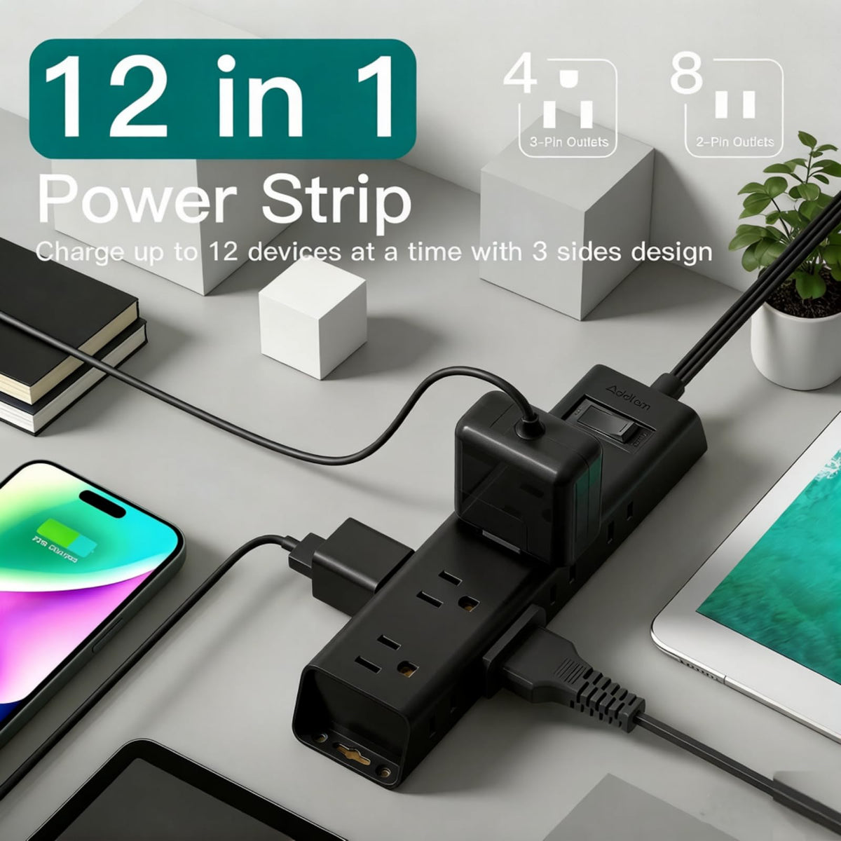 Flat Plug Power Strip, Ultra Thin Flat Extension Cord - 12 Outlets 3 Sides