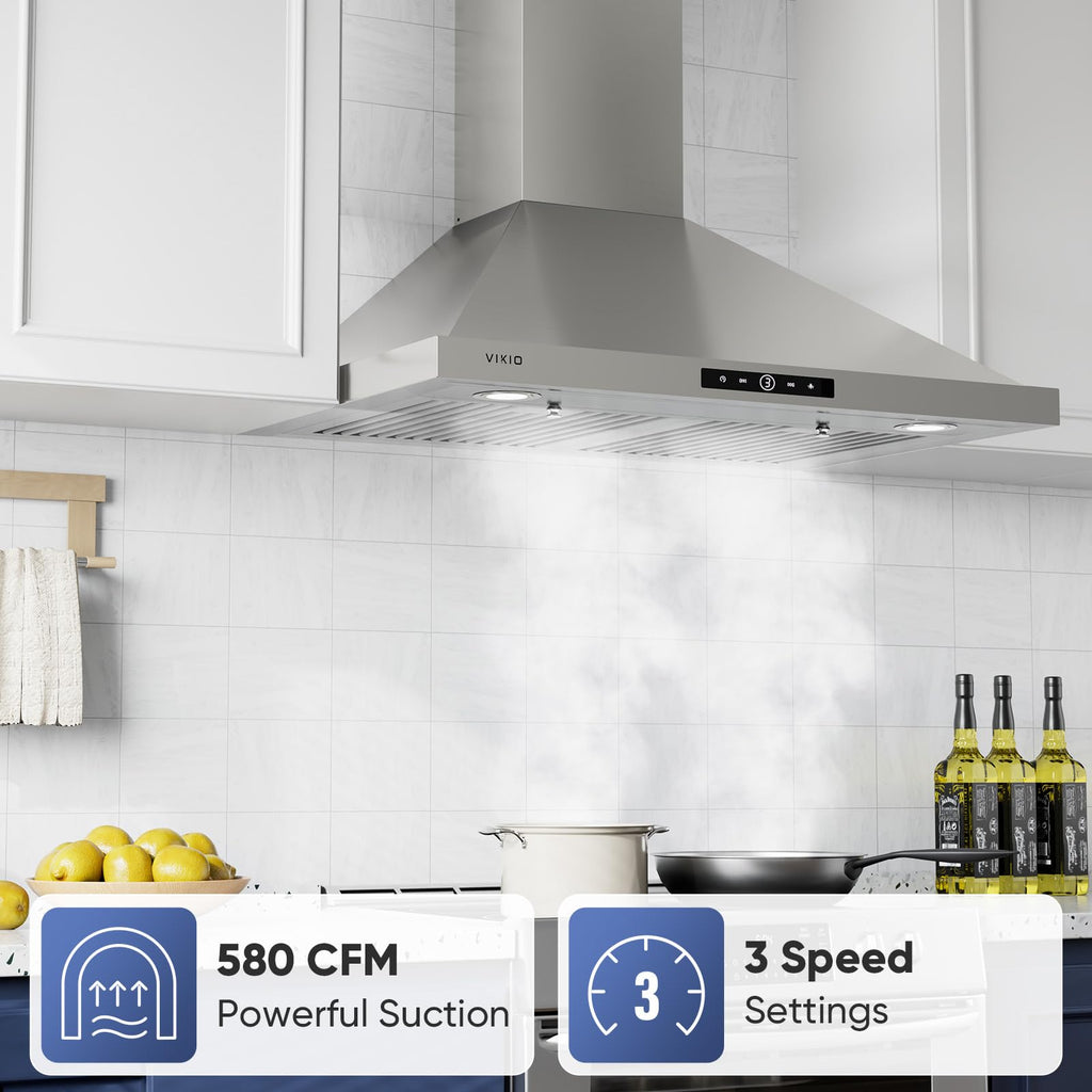 VIKIO HOME 36 Inch Wall Mount Range Hood 580CFM Low Noise Touch Control