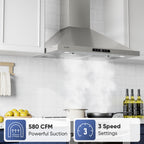 VIKIO HOME 36 Inch Wall Mount Range Hood 580CFM Low Noise Touch Control