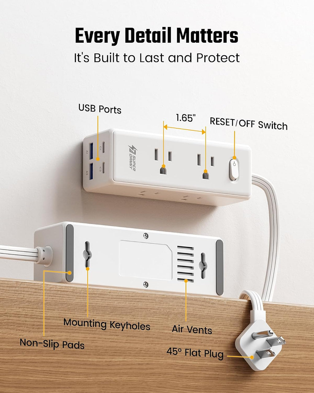 SUPERDANNY 15Ft Extension Cord with Multiple Outlets, Flat Plug Power Strip
