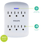 Philips 6-Outlet Extender Surge Protector, Wall Tap, 900 Joules, 3-Prong