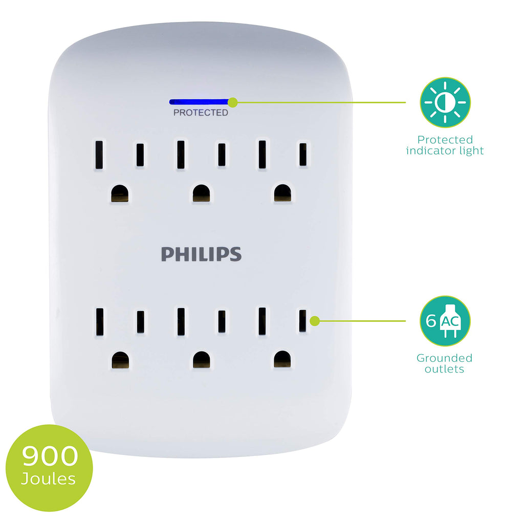 Philips 6-Outlet Extender Surge Protector, Wall Tap, 900 Joules, 3-Prong