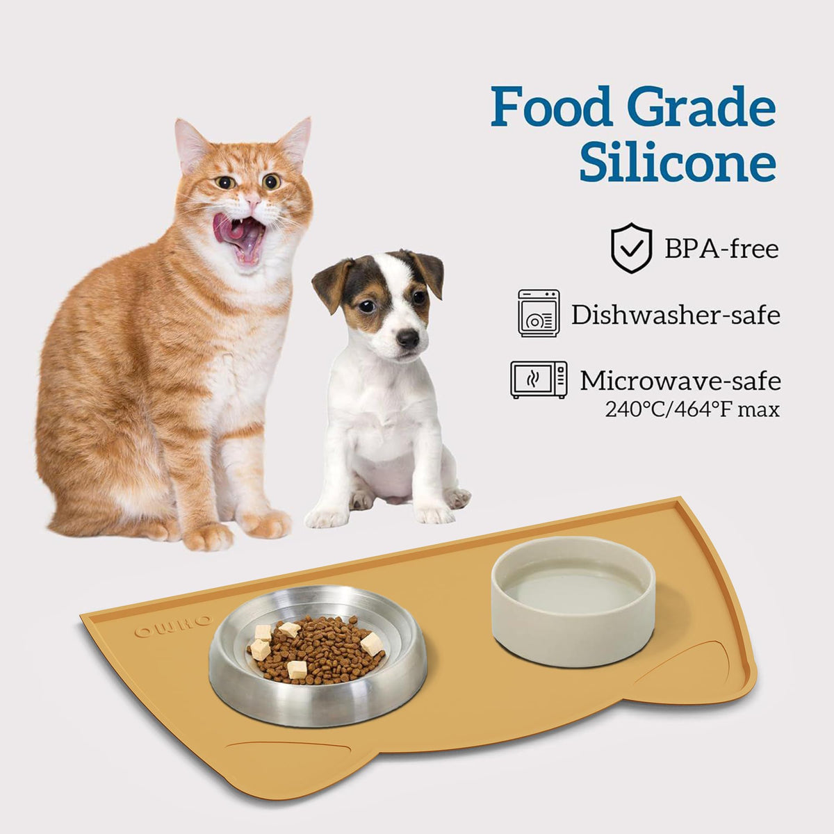 OHMO Silicone Cat Food Mat for Food&Water Bowls, 46x25cm, Honey