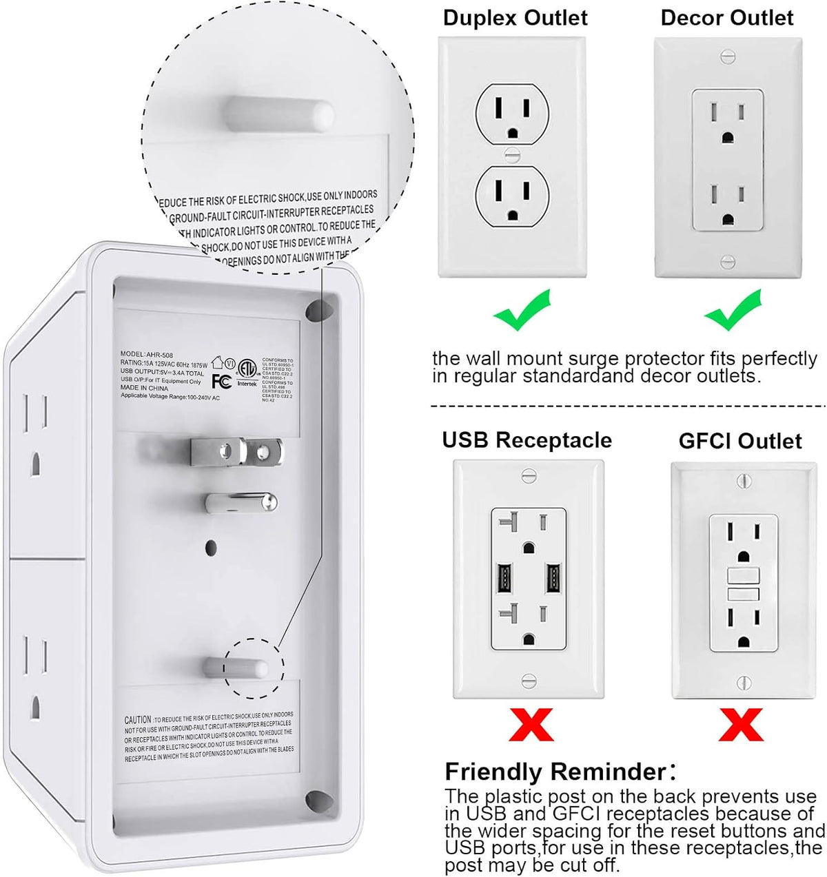 Multi Plug Wall Outlet Night Light, POWRUI 6 Outlet Extender & 3 USB Ports