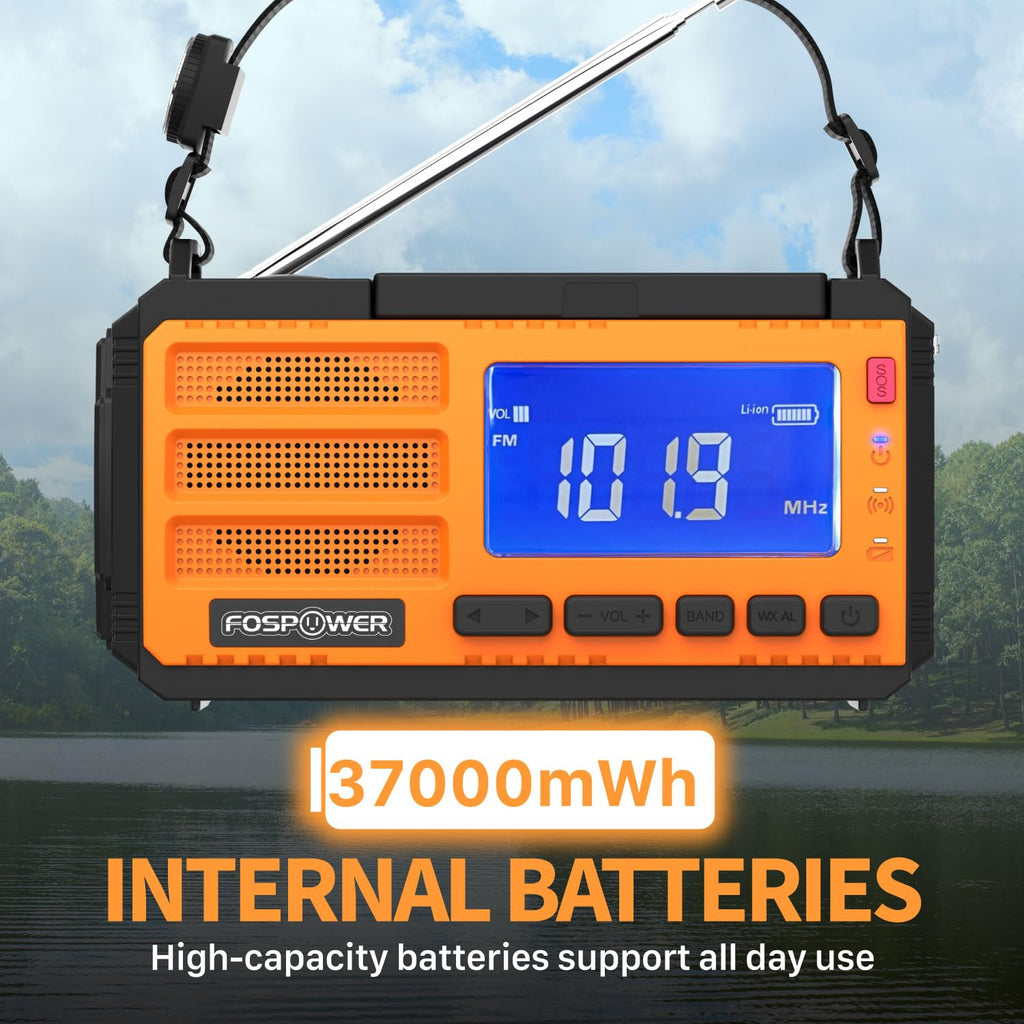 FosPower NOAA Emergency Weather Radio A1 7400mWh Solar Hand Crank (Orange)