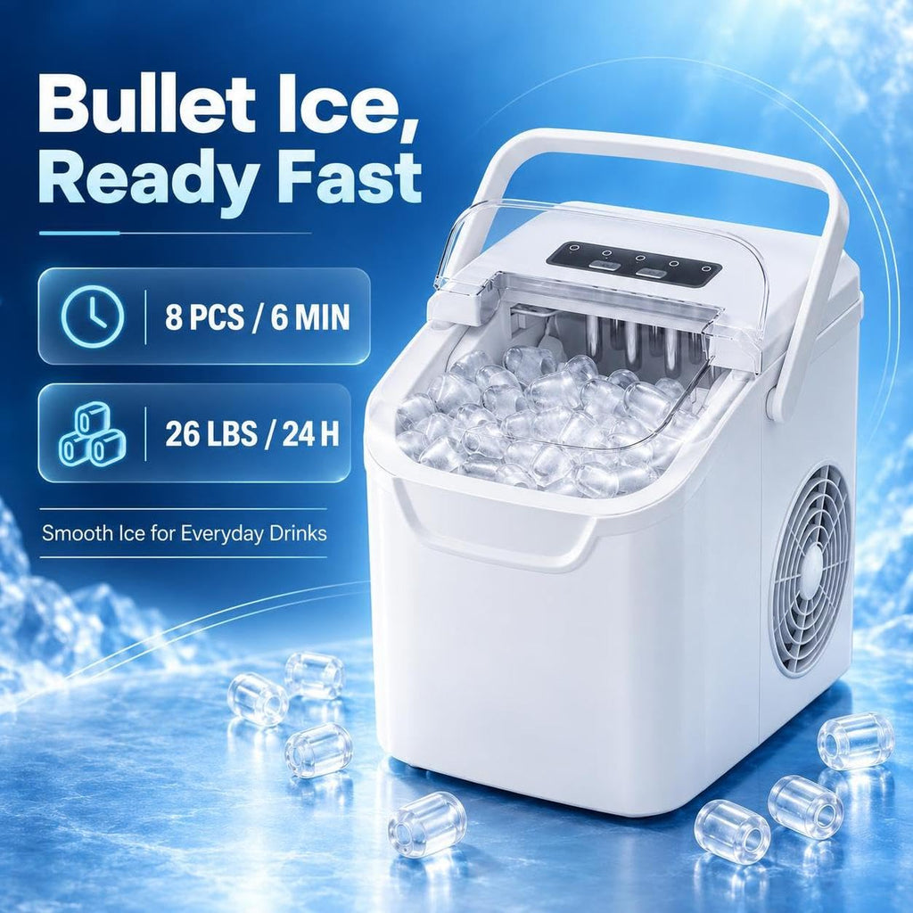 Electactic Portable Ice Maker Countertop,8 Bullet Ice in 6 Mins,2 Ice Size