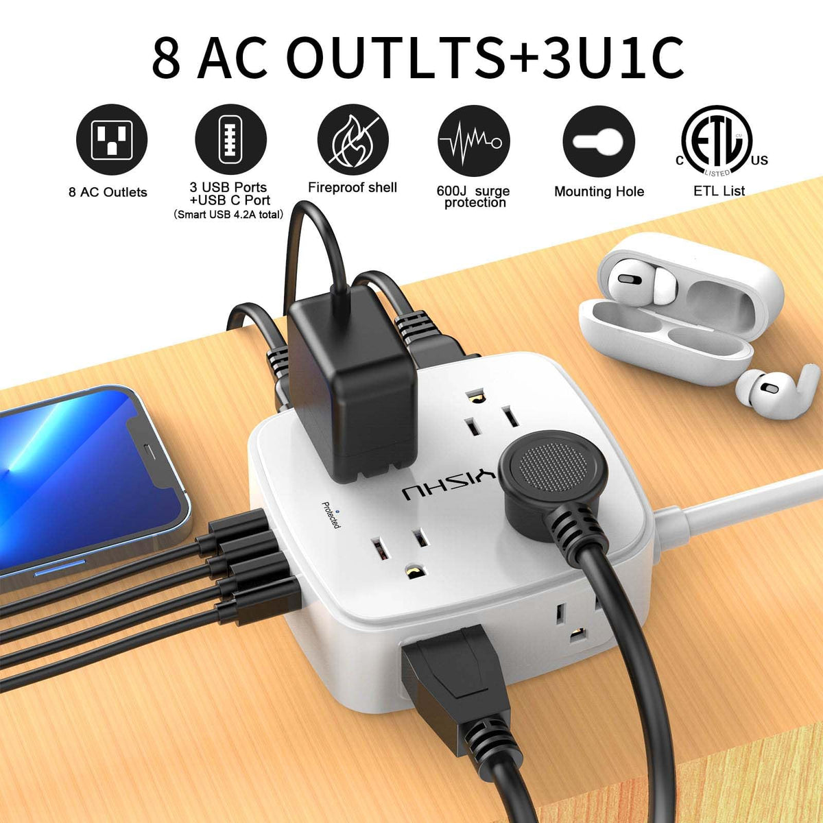 6 Ft Surge Protector Power Strip - YISHU 8 Widely Outlets with 4 USB Ports, 3 Side Outlet Extender with 6 Feet Flat Extension Cord, Ultra Flat Plug, Wall Mount, Desk USB Charging Station, ETL, Black