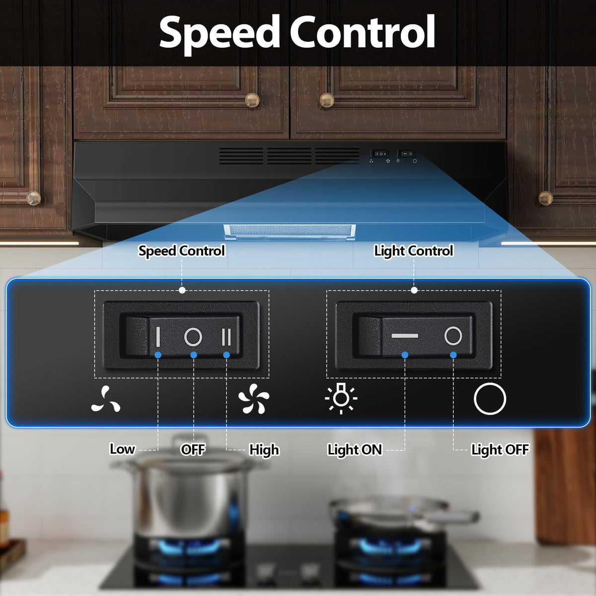 Tieasy Under Cabinet Range Hood 24 Inch, 400 CFM Stainless Steel Convertible Vent Hood with 2 Speed Exhaust Fan and Rocker Switch Control, Ducted/Ductless Kitchen Hood with Multiple Venting Options