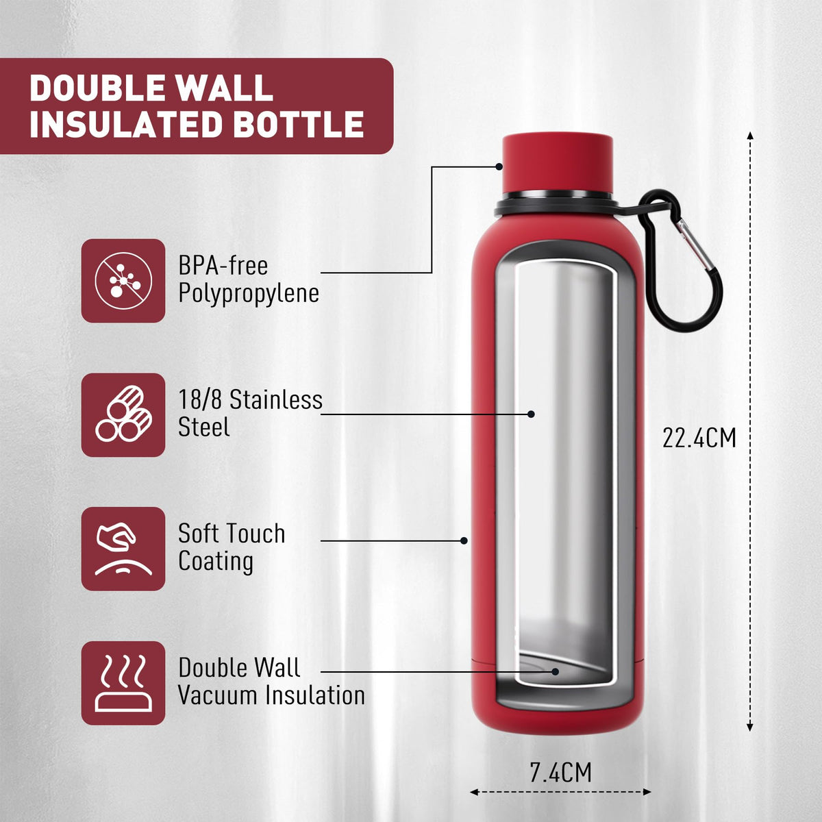 Exllena Insulated Black Water Bottles 750ml with Clip, Double Wall Vacuum Drinks Bottle Keeps Drinks Cold 24 Hrs/Hot 12 Hrs, Stainless Steel Water Bottle BPA Free