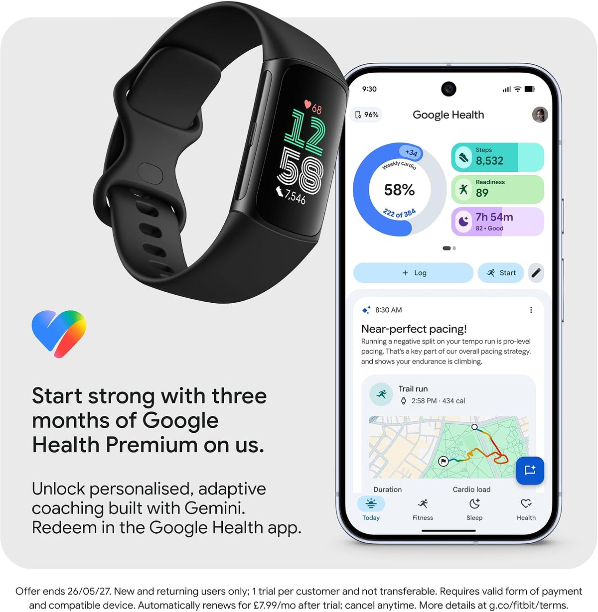 Fitbit Google Charge 6 Activity Tracker with 3 Months Google Health Membership Included, 7 Days Battery Life and Google Wallet and Maps, Obsidian/Black Aluminum