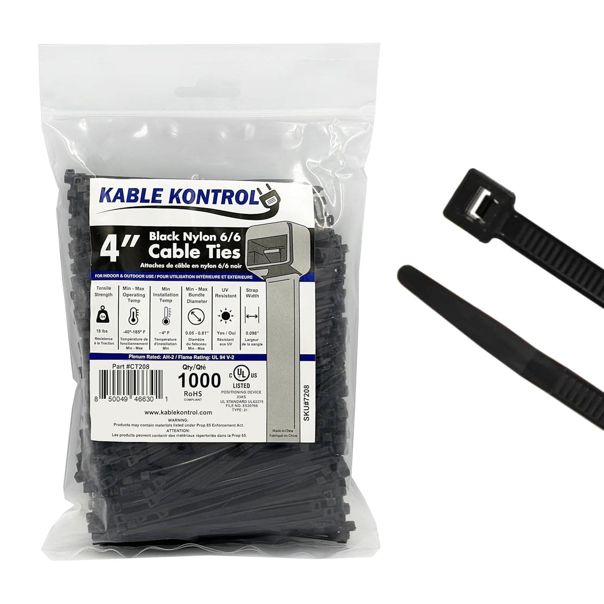 Kable Kontrol Cable Zip Ties, 4 Inch, 100 Pcs, 18lbs Test, Gray