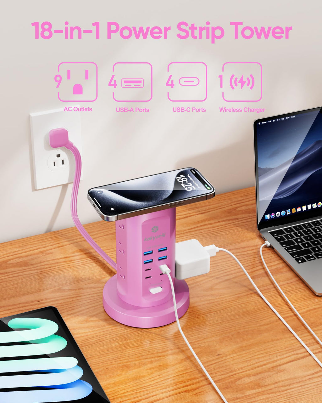 Power Strip Tower, kakyanill PD 65W Charging Station 9 AC Outlets 8 USB