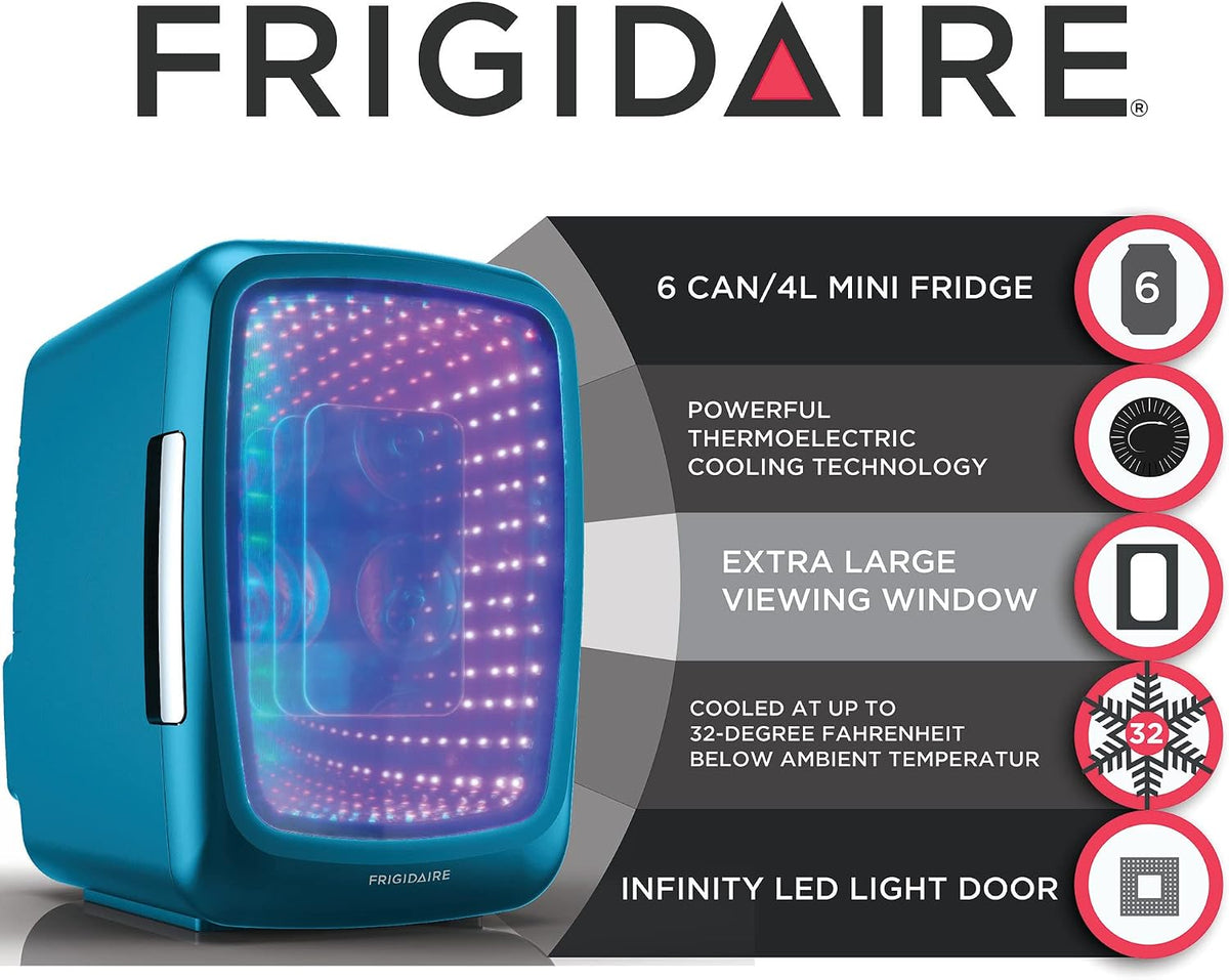 Frigidaire Gaming Light Up Mini Beverage Refrigerator, 6 can, 4 liters, Cooler with large see through door and LED lights Perfect for Gaming Experience, Home, Office, or Cars.12V Charger (Blue)