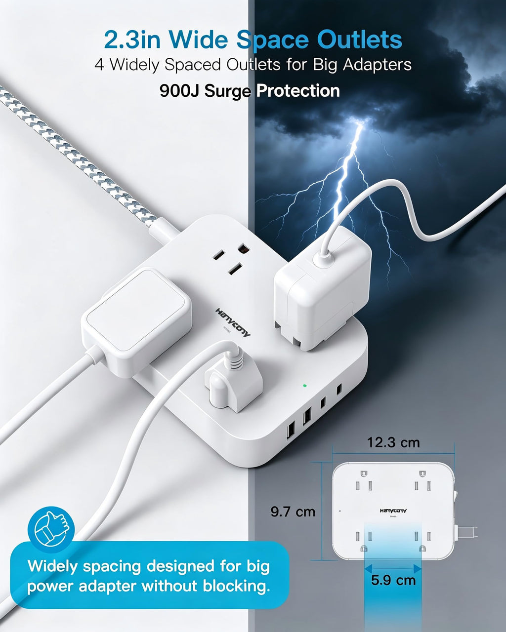 10 Ft Extension Cord, Flat Power Strip with 4 Outlets 4 USB Ports (2 USB C)